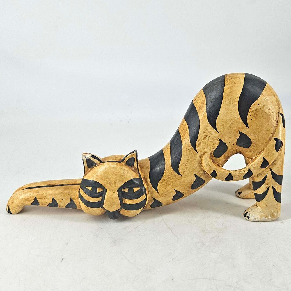 Wood Wooden Lazy Stretching Cat Hand Painted Striped Folk Art figurine